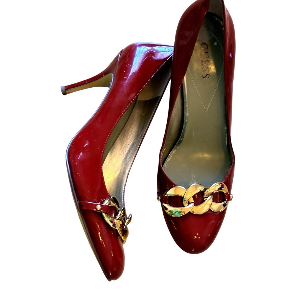 Cherry Red Guess Patent Pumps Chunky Gold Chain Detail Heels Indie Sleaze Sz 8